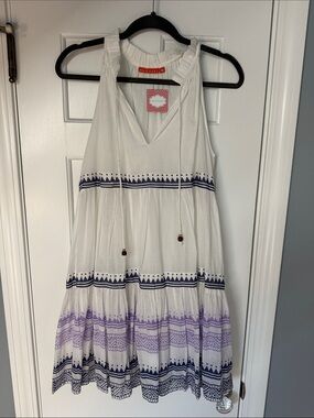 Oliphant White Dress with Navy and Lavender Trim